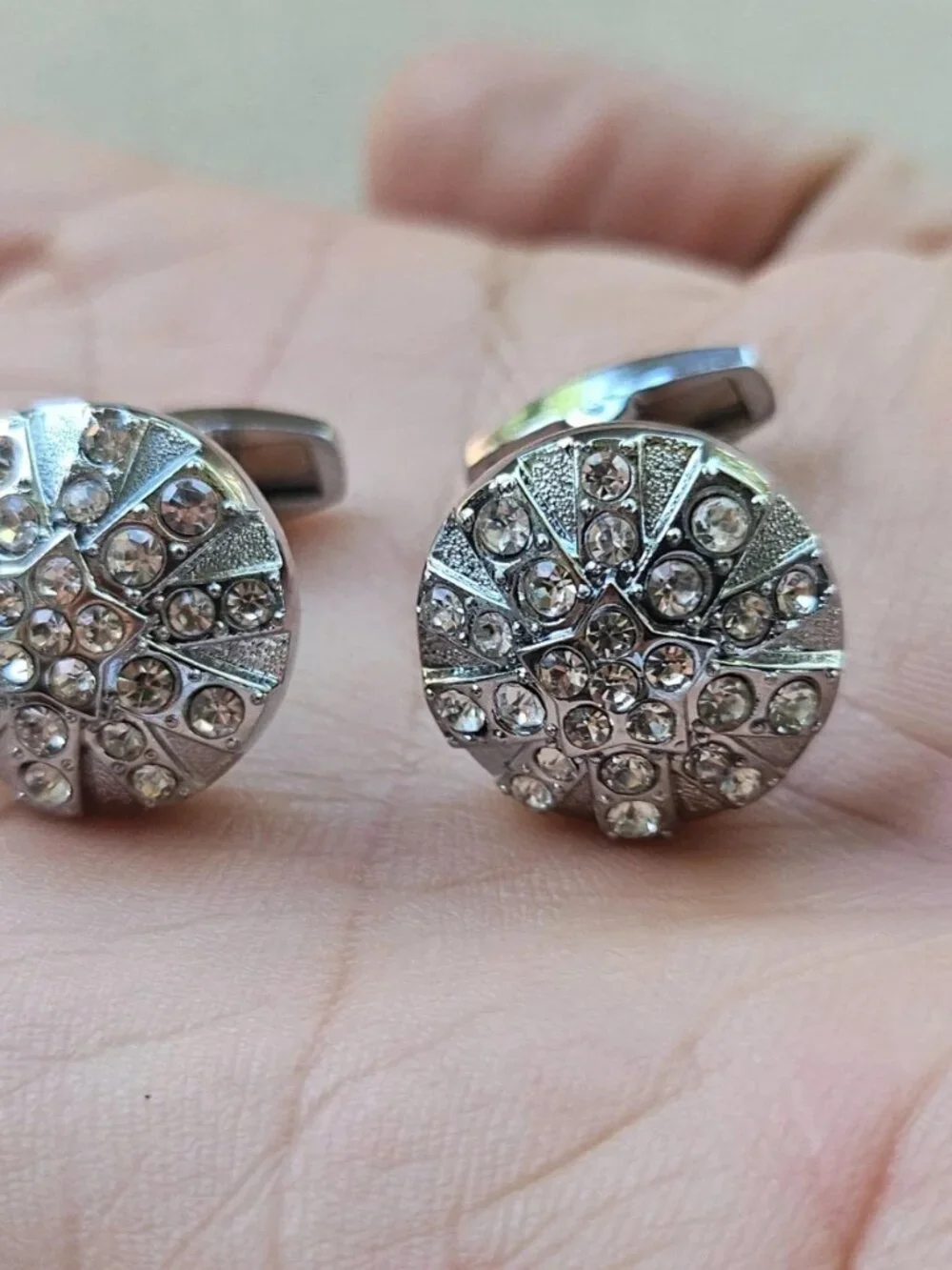 Crystals Accent Cufflinks Men Jewelry Fashion Silver Tone Stud Round Cuff Links